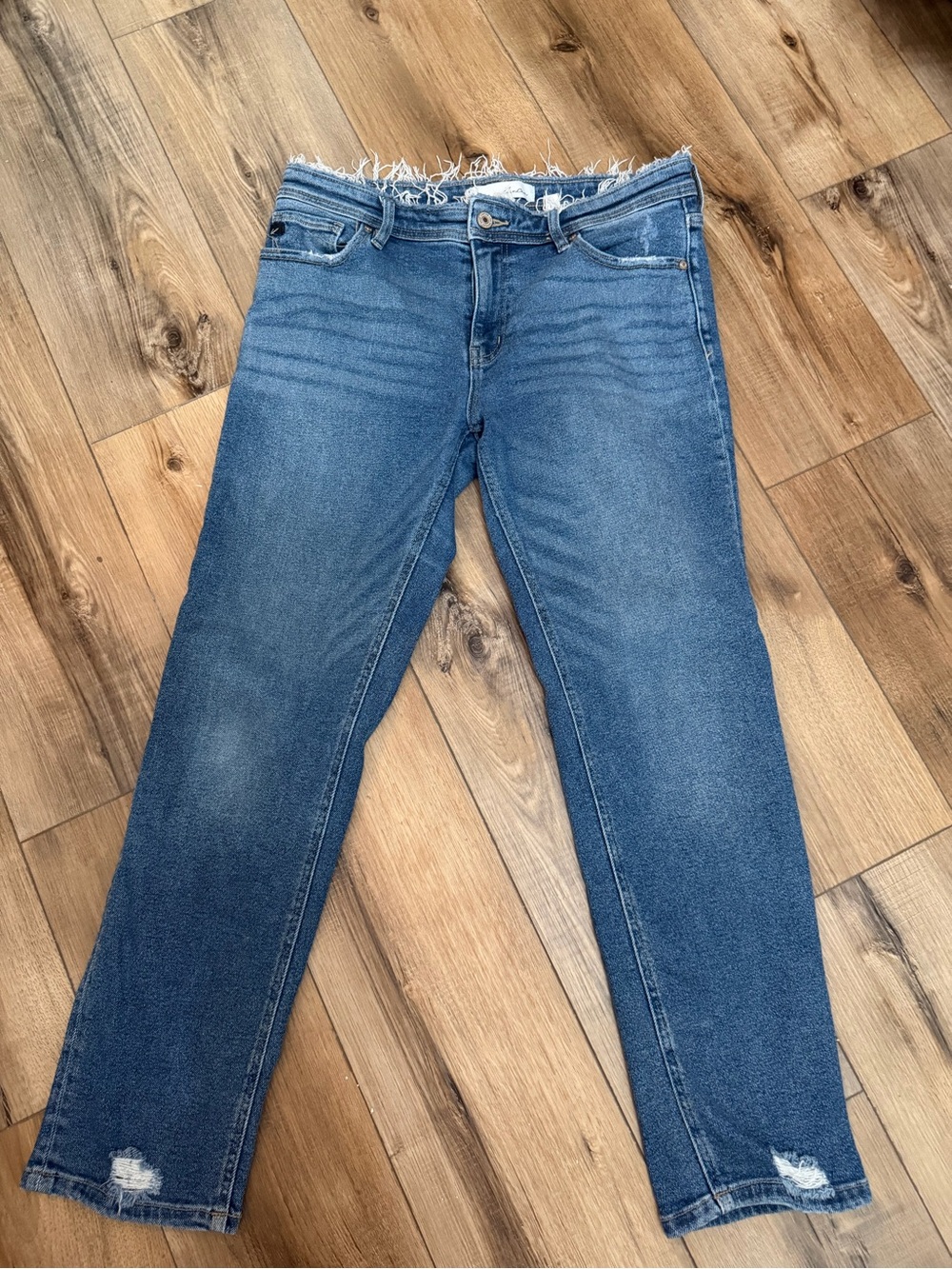 KanCan Blue Distressed Ankle Jeans with Frayed Waist